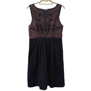 Leifnotes Embroidered Lace Sleeveless Dress Sz 10 Brown Black Pockets Retro Chic